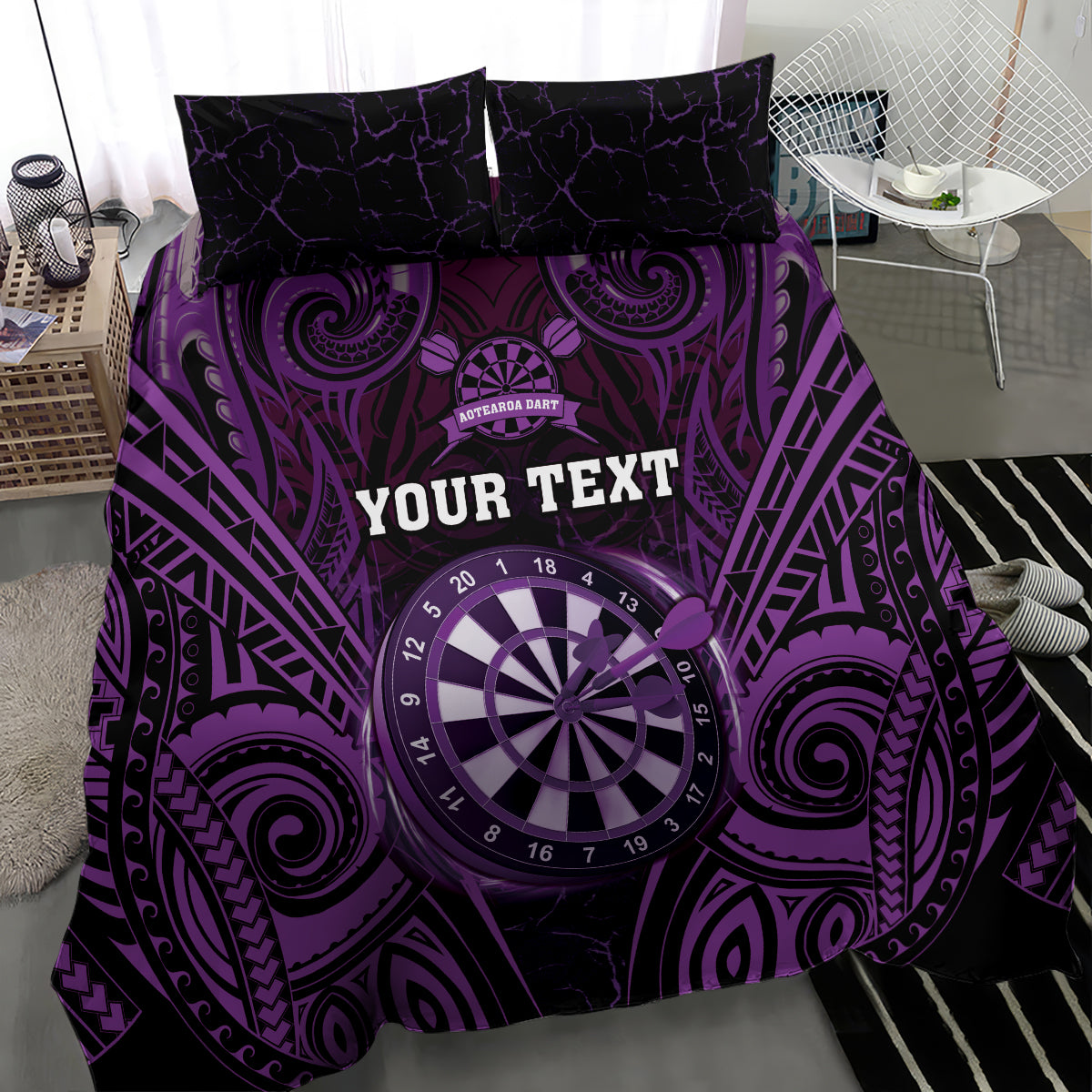 Personalised New Zealand Darts Bedding Set Purple Dart Board Maori Pattern