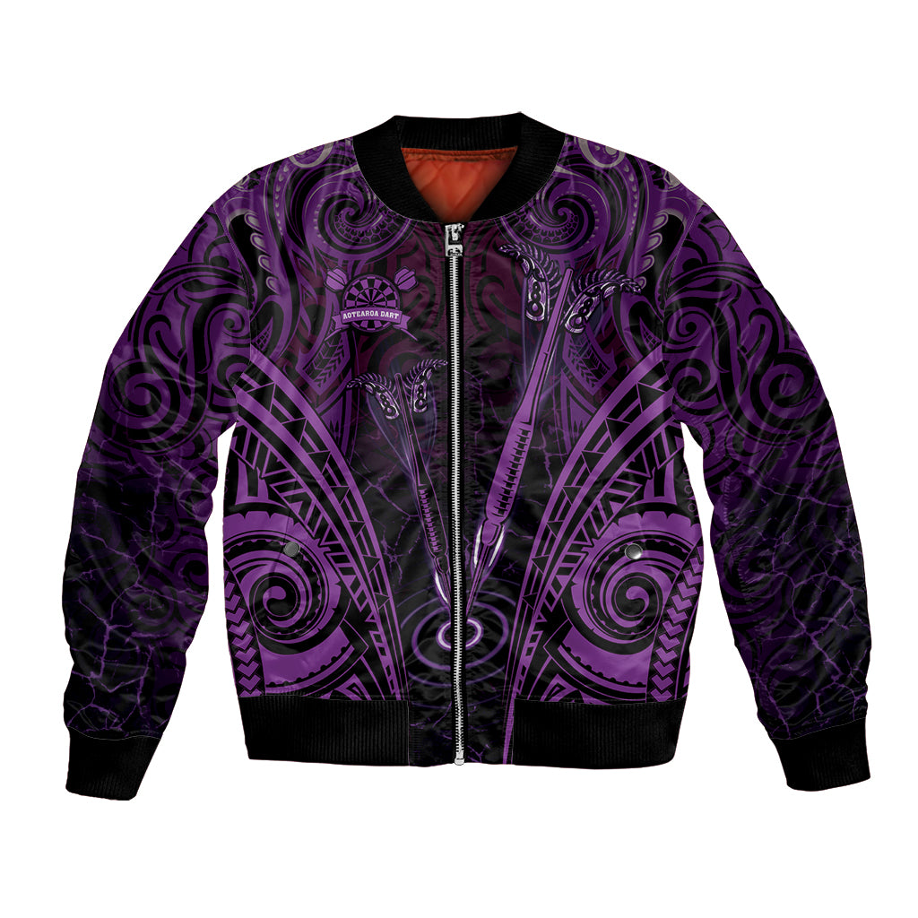 Personalised New Zealand Darts Bomber Jacket Purple Dart Board Maori Pattern