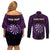 Personalised New Zealand Darts Couples Matching Off Shoulder Short Dress and Long Sleeve Button Shirt Purple Dart Board Maori Pattern