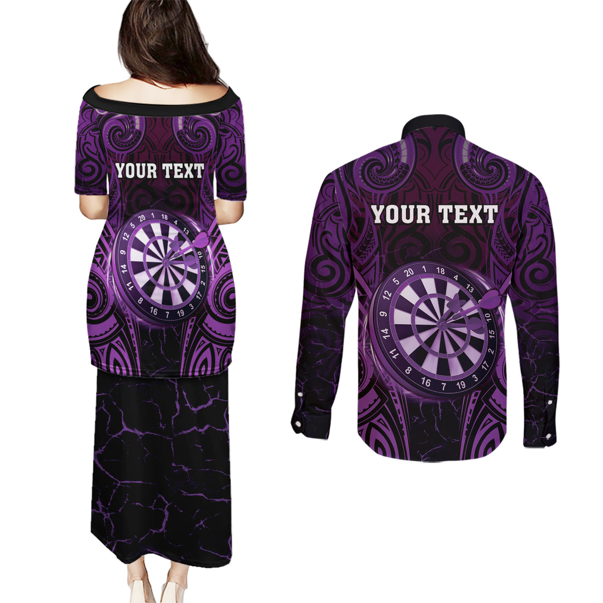 Personalised New Zealand Darts Couples Matching Puletasi and Long Sleeve Button Shirt Purple Dart Board Maori Pattern