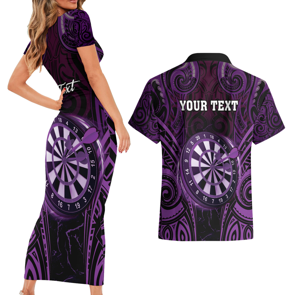 Personalised New Zealand Darts Couples Matching Short Sleeve Bodycon Dress and Hawaiian Shirt Purple Dart Board Maori Pattern