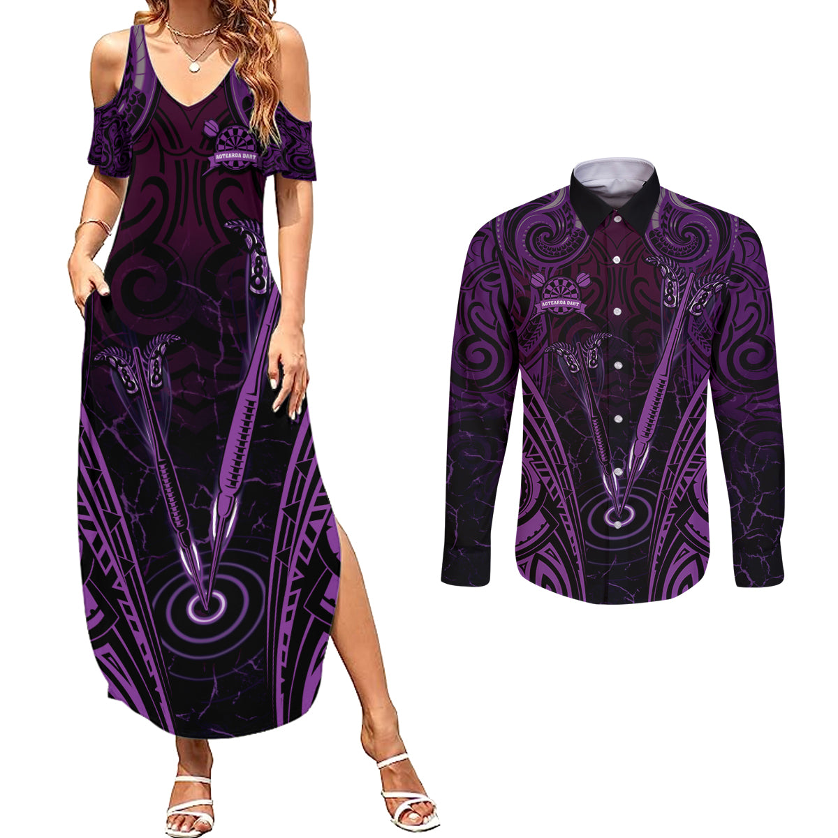 Personalised New Zealand Darts Couples Matching Summer Maxi Dress and Long Sleeve Button Shirt Purple Dart Board Maori Pattern