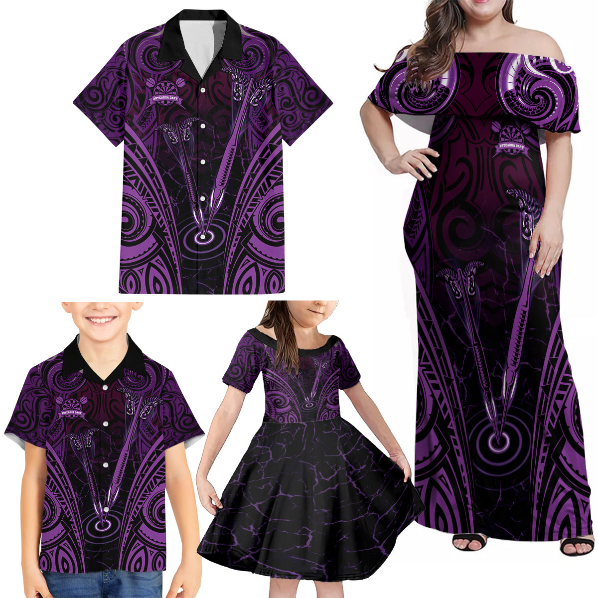 Personalised New Zealand Darts Family Matching Off Shoulder Maxi Dress and Hawaiian Shirt Purple Dart Board Maori Pattern