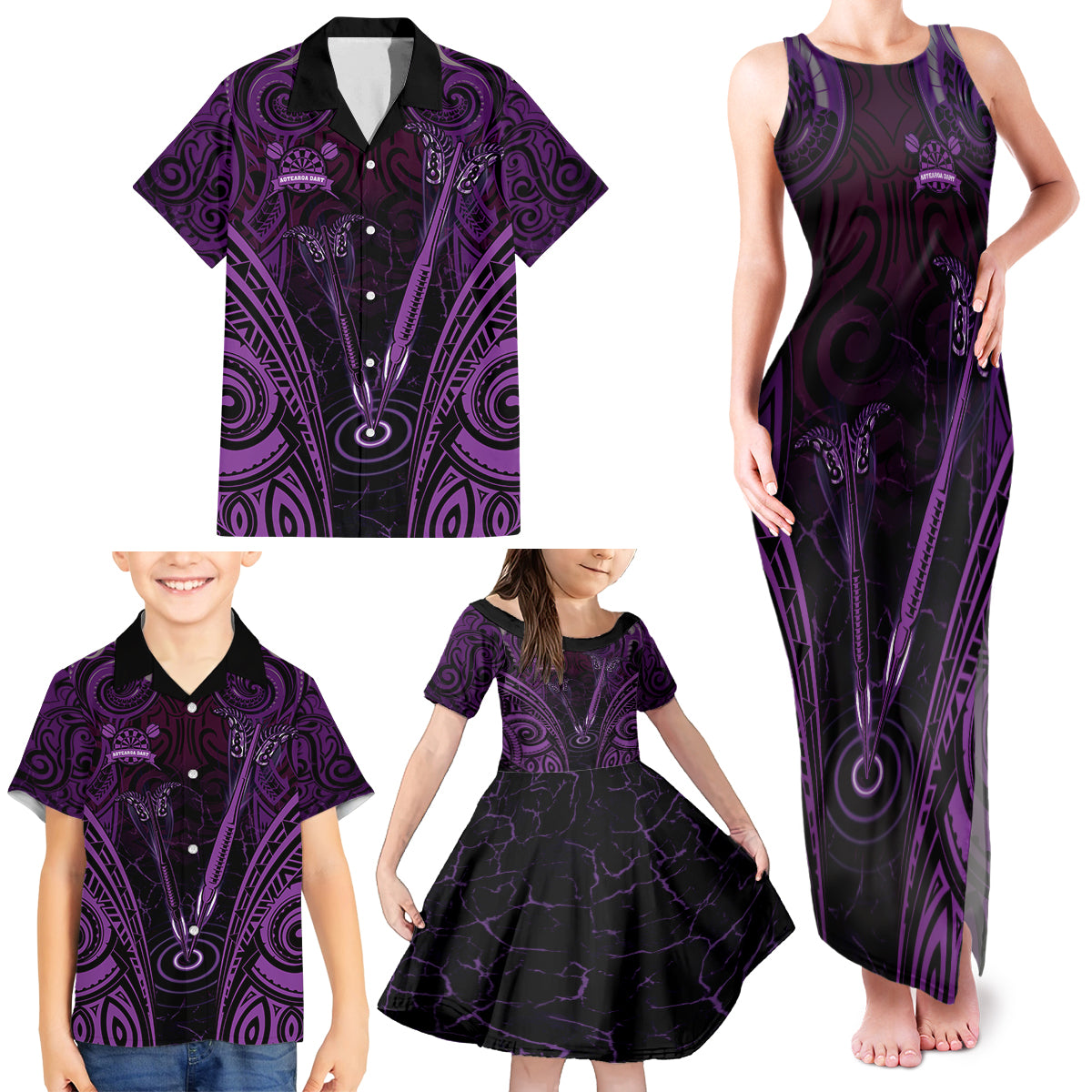 Personalised New Zealand Darts Family Matching Tank Maxi Dress and Hawaiian Shirt Purple Dart Board Maori Pattern