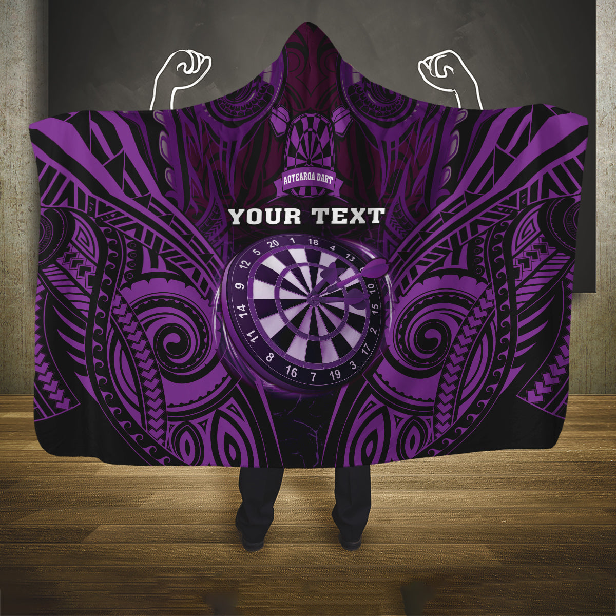 Personalised New Zealand Darts Hooded Blanket Purple Dart Board Maori Pattern