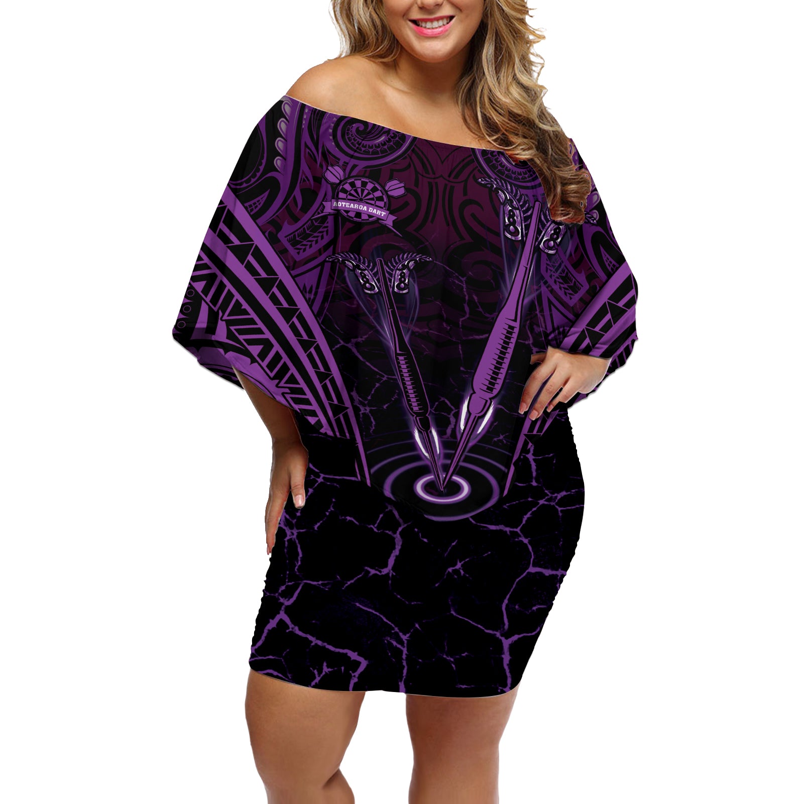 Personalised New Zealand Darts Off Shoulder Short Dress Purple Dart Board Maori Pattern