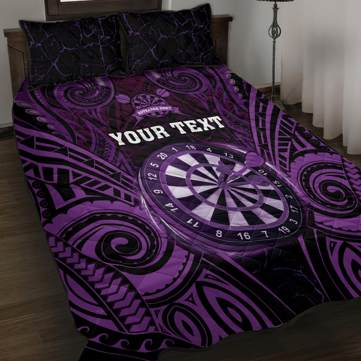 Personalised New Zealand Darts Quilt Bed Set Purple Dart Board Maori Pattern