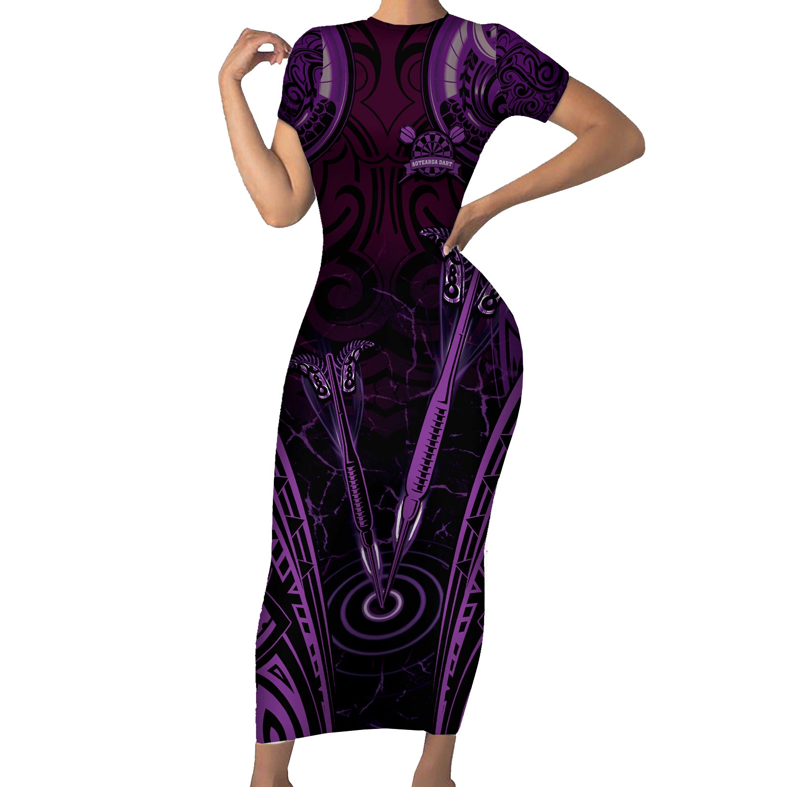 Personalised New Zealand Darts Short Sleeve Bodycon Dress Purple Dart Board Maori Pattern