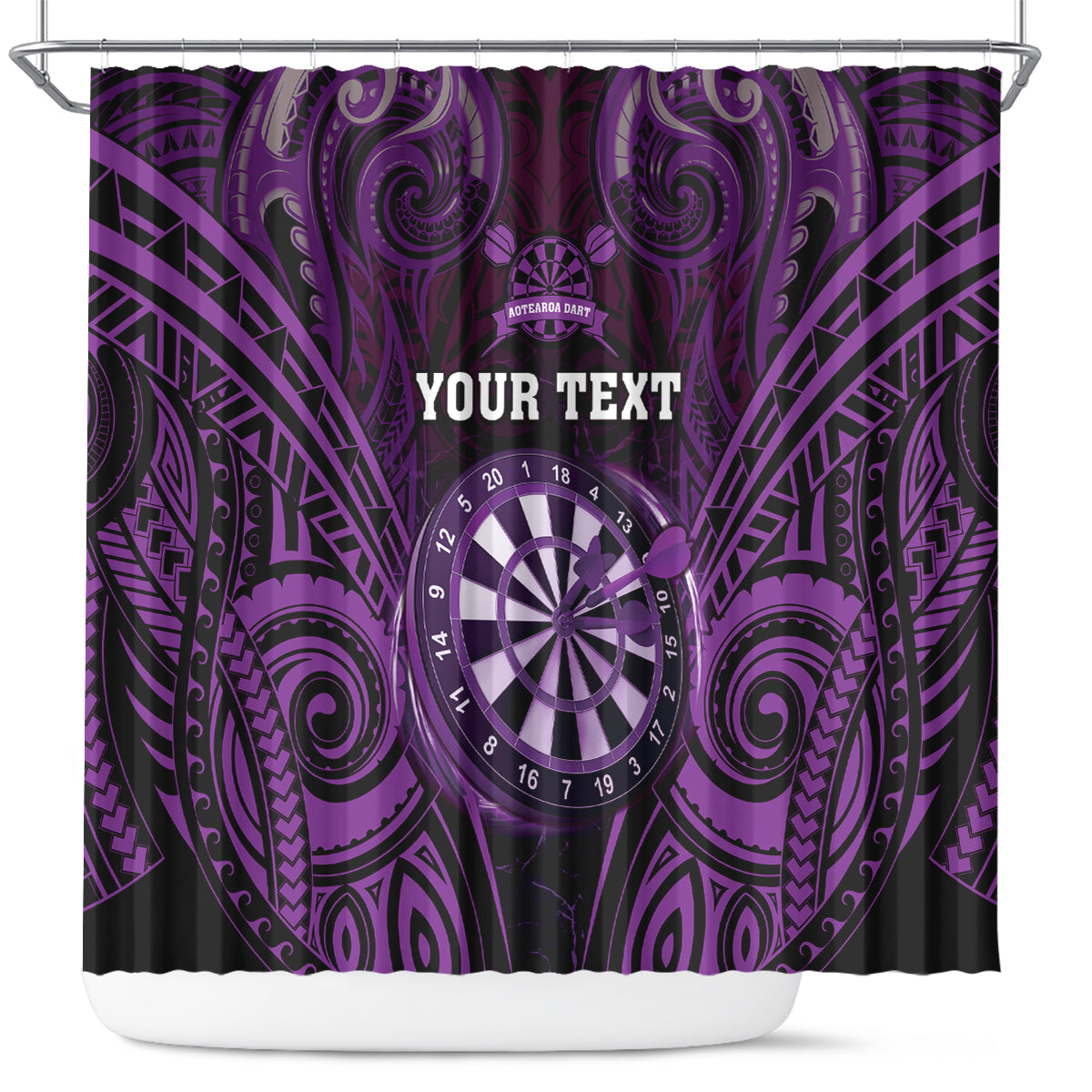 Personalised New Zealand Darts Shower Curtain Purple Dart Board Maori Pattern