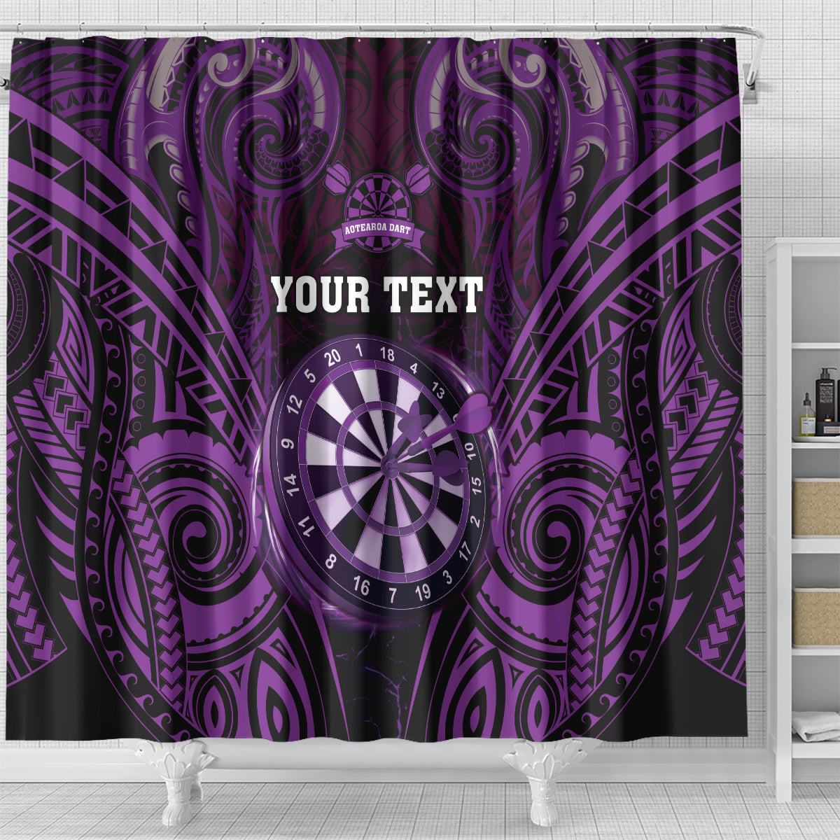 Personalised New Zealand Darts Shower Curtain Purple Dart Board Maori Pattern