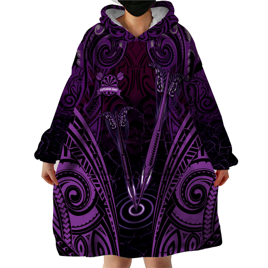 Personalised New Zealand Darts Wearable Blanket Hoodie Purple Dart Board Maori Pattern
