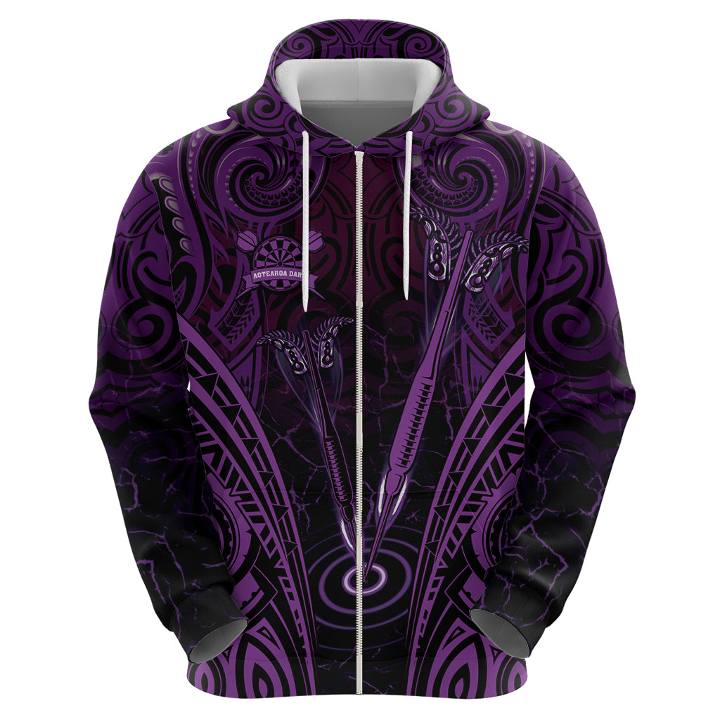 Personalised New Zealand Darts Zip Hoodie Purple Dart Board Maori Pattern
