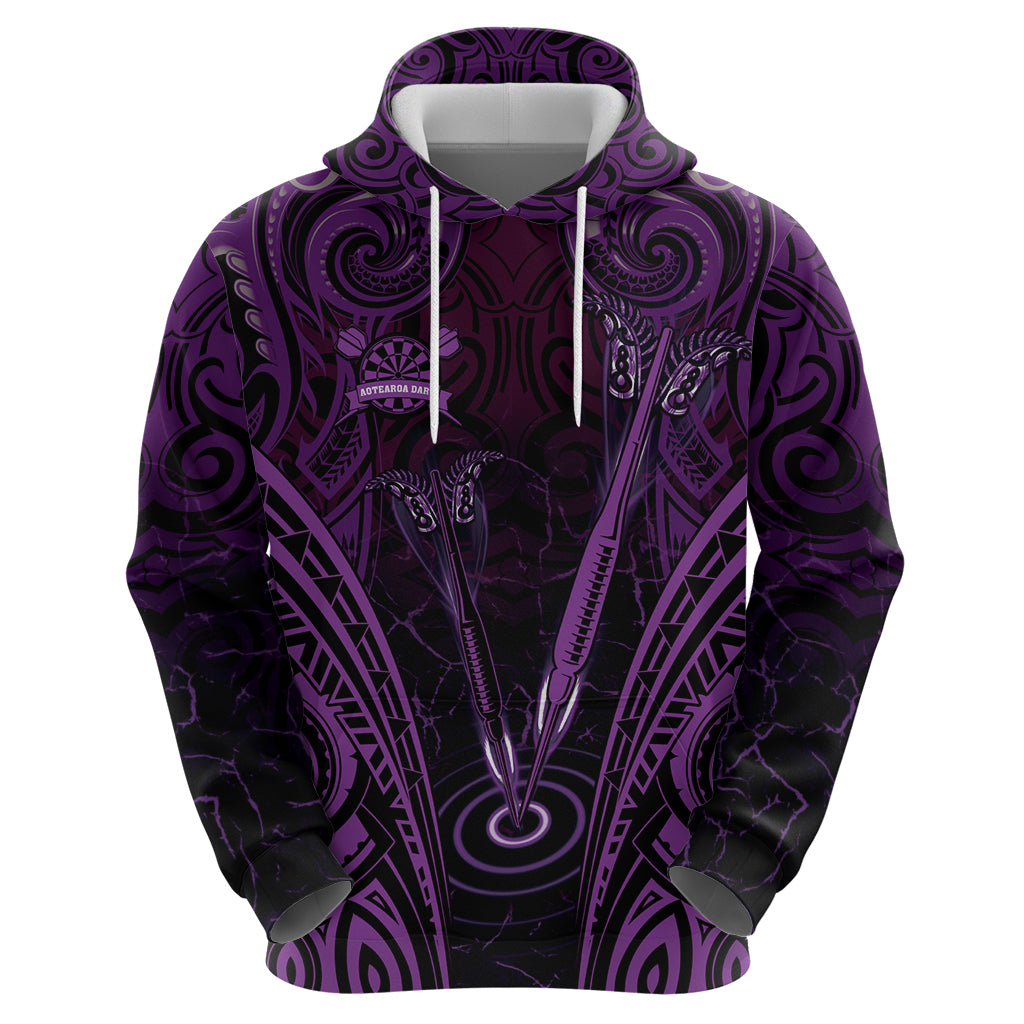 Personalised New Zealand Darts Zip Hoodie Purple Dart Board Maori Pattern