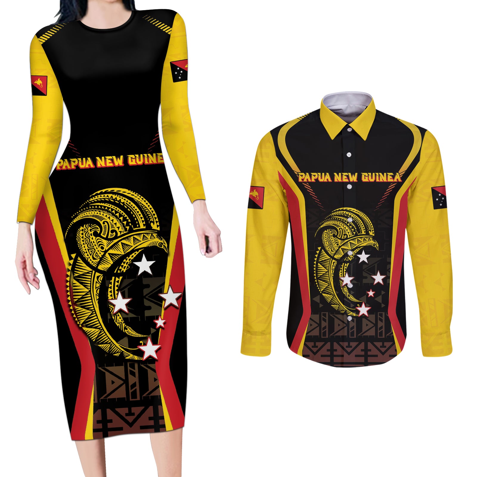 Custom Papua New Guinea Cricket Couples Matching Long Sleeve Bodycon Dress and Long Sleeve Button Shirt 2024 World Cup
