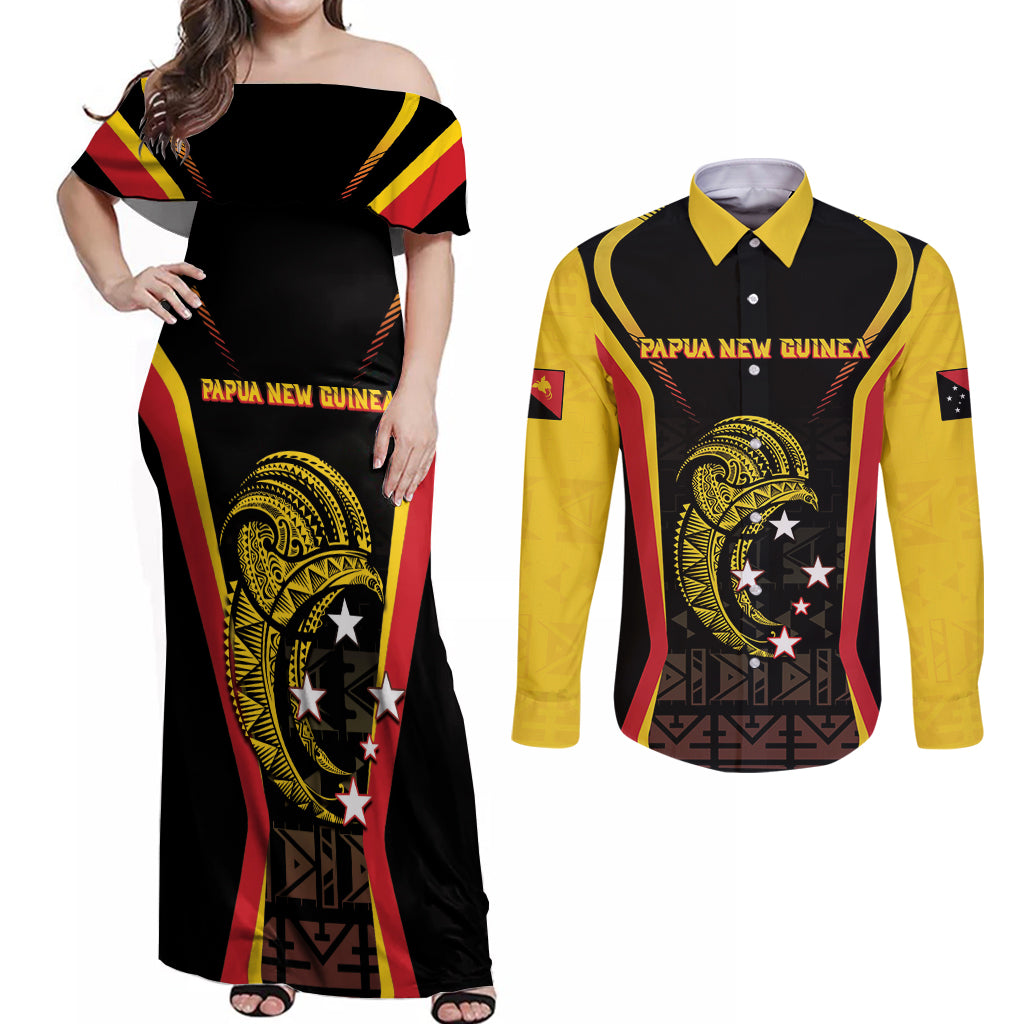 Custom Papua New Guinea Cricket Couples Matching Off Shoulder Maxi Dress and Long Sleeve Button Shirt 2024 World Cup