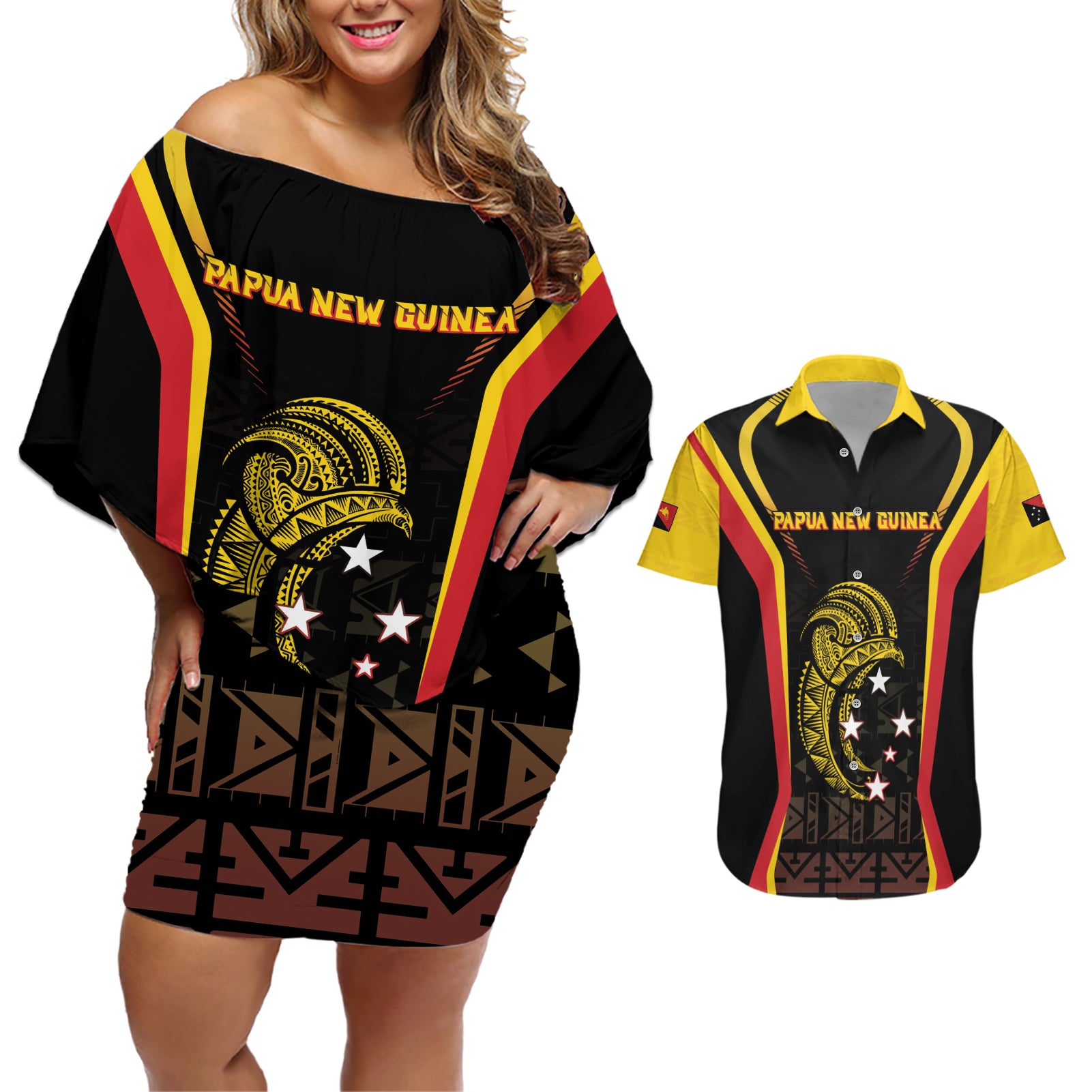 Custom Papua New Guinea Cricket Couples Matching Off Shoulder Short Dress and Hawaiian Shirt 2024 World Cup