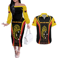 Custom Papua New Guinea Cricket Couples Matching Off The Shoulder Long Sleeve Dress and Hawaiian Shirt 2024 World Cup