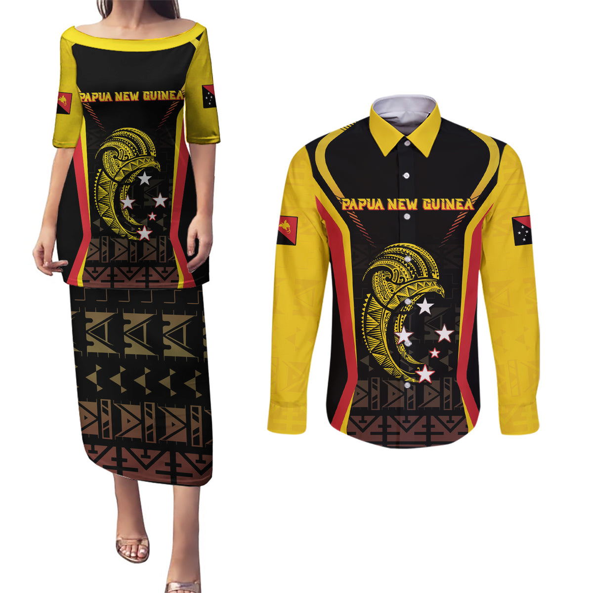 Custom Papua New Guinea Cricket Couples Matching Puletasi and Long Sleeve Button Shirt 2024 World Cup