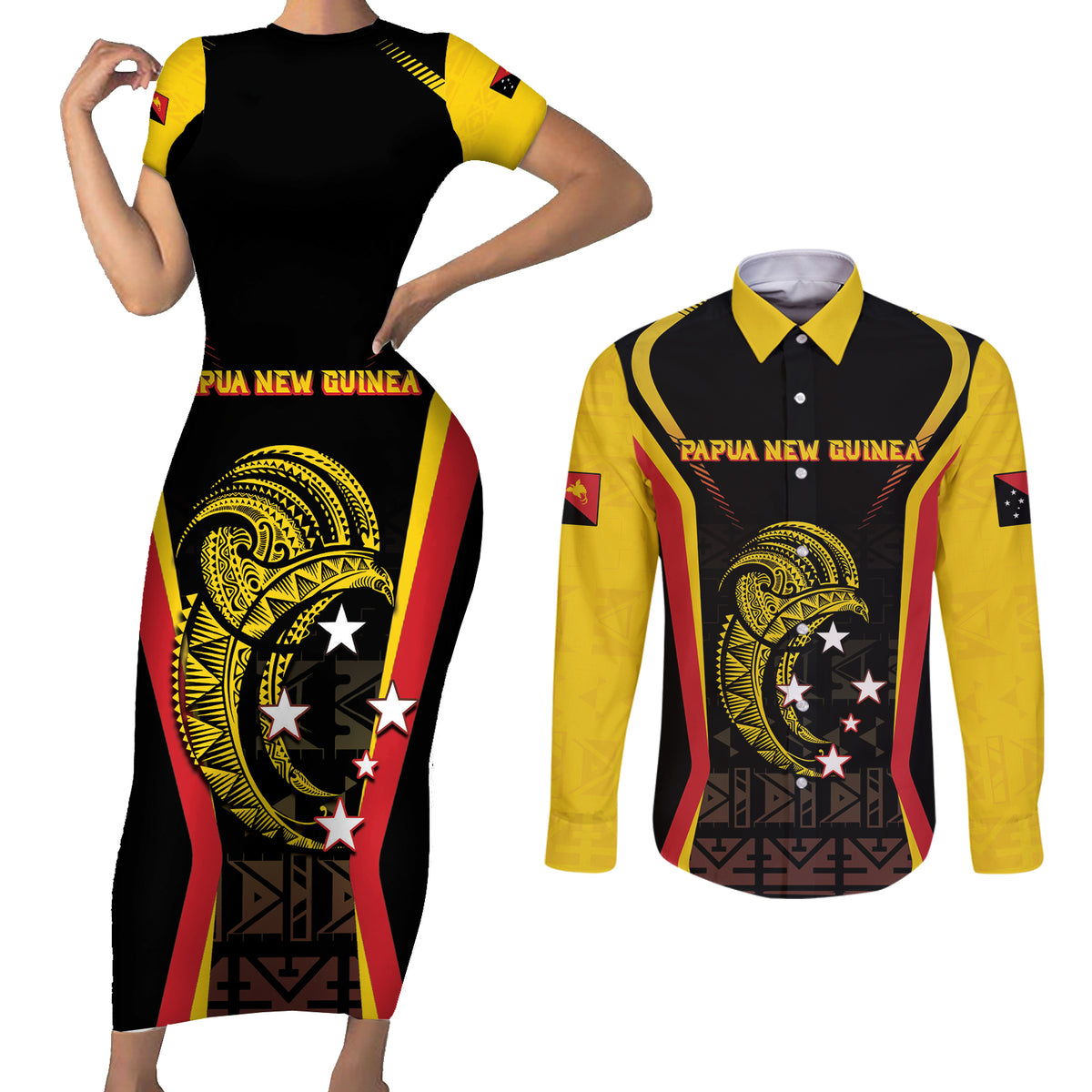 Custom Papua New Guinea Cricket Couples Matching Short Sleeve Bodycon Dress and Long Sleeve Button Shirt 2024 World Cup