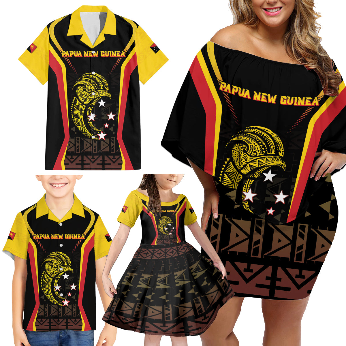 Custom Papua New Guinea Cricket Family Matching Off Shoulder Short Dress and Hawaiian Shirt 2024 World Cup