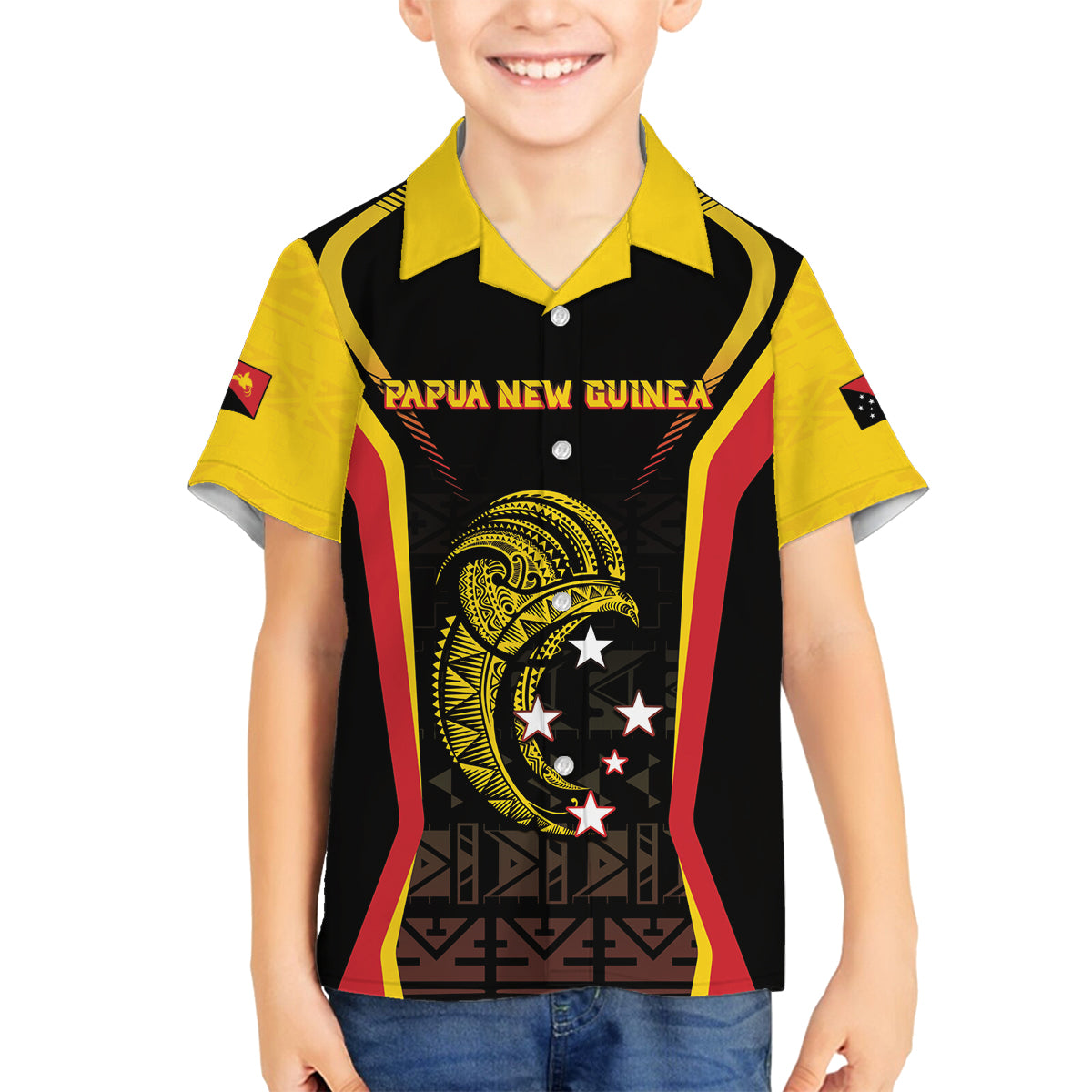 Custom Papua New Guinea Cricket Family Matching Off Shoulder Short Dress and Hawaiian Shirt 2024 World Cup