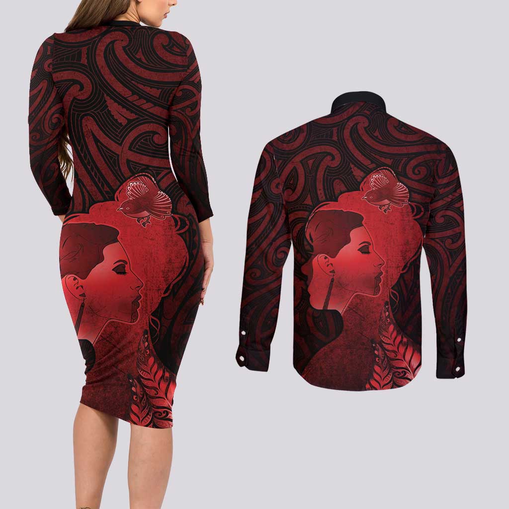 Aotearoa Mana Wahine Couples Matching Long Sleeve Bodycon Dress and Long Sleeve Button Shirt The Spiritual Power Of Women LT05 - Polynesian Pride