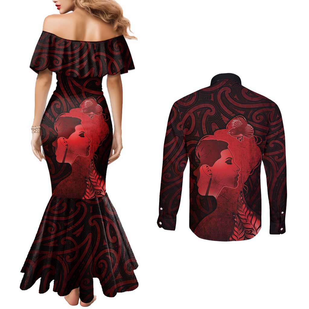 Aotearoa Mana Wahine Couples Matching Mermaid Dress and Long Sleeve Button Shirt The Spiritual Power Of Women LT05 - Polynesian Pride