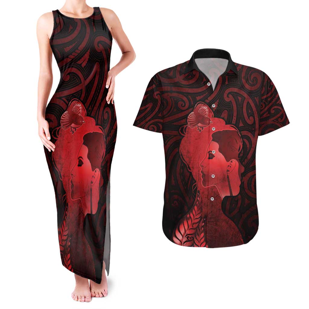Aotearoa Mana Wahine Couples Matching Tank Maxi Dress and Hawaiian Shirt The Spiritual Power Of Women LT05 Red - Polynesian Pride