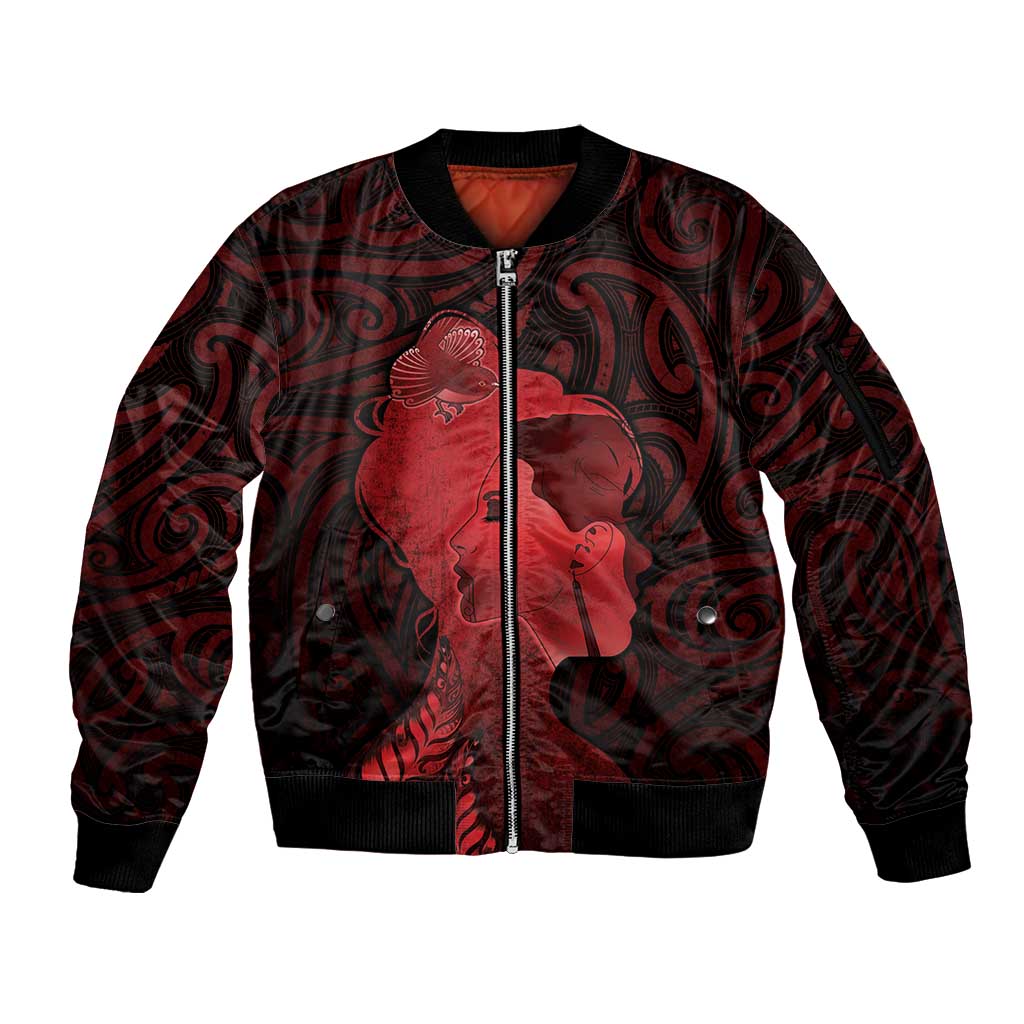 Aotearoa Mana Wahine Sleeve Zip Bomber Jacket The Spiritual Power Of Women LT05 Unisex Red - Polynesian Pride