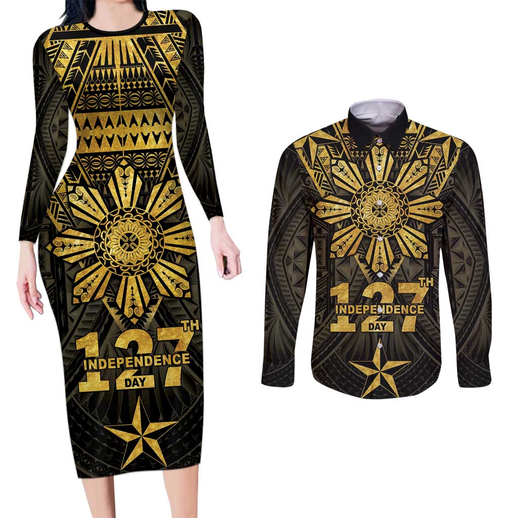 Personalised Philippines Independence Day Couples Matching Long Sleeve Bodycon Dress and Long Sleeve Button Shirt Filipinos Sun Star Tribal
