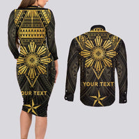 Personalised Philippines Independence Day Couples Matching Long Sleeve Bodycon Dress and Long Sleeve Button Shirt Filipinos Sun Star Tribal