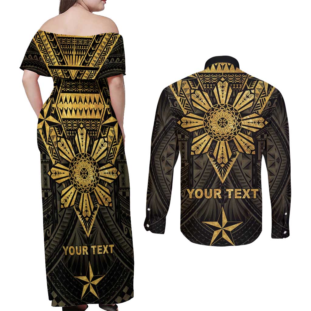 Personalised Philippines Independence Day Couples Matching Off Shoulder Maxi Dress and Long Sleeve Button Shirt Filipinos Sun Star Tribal
