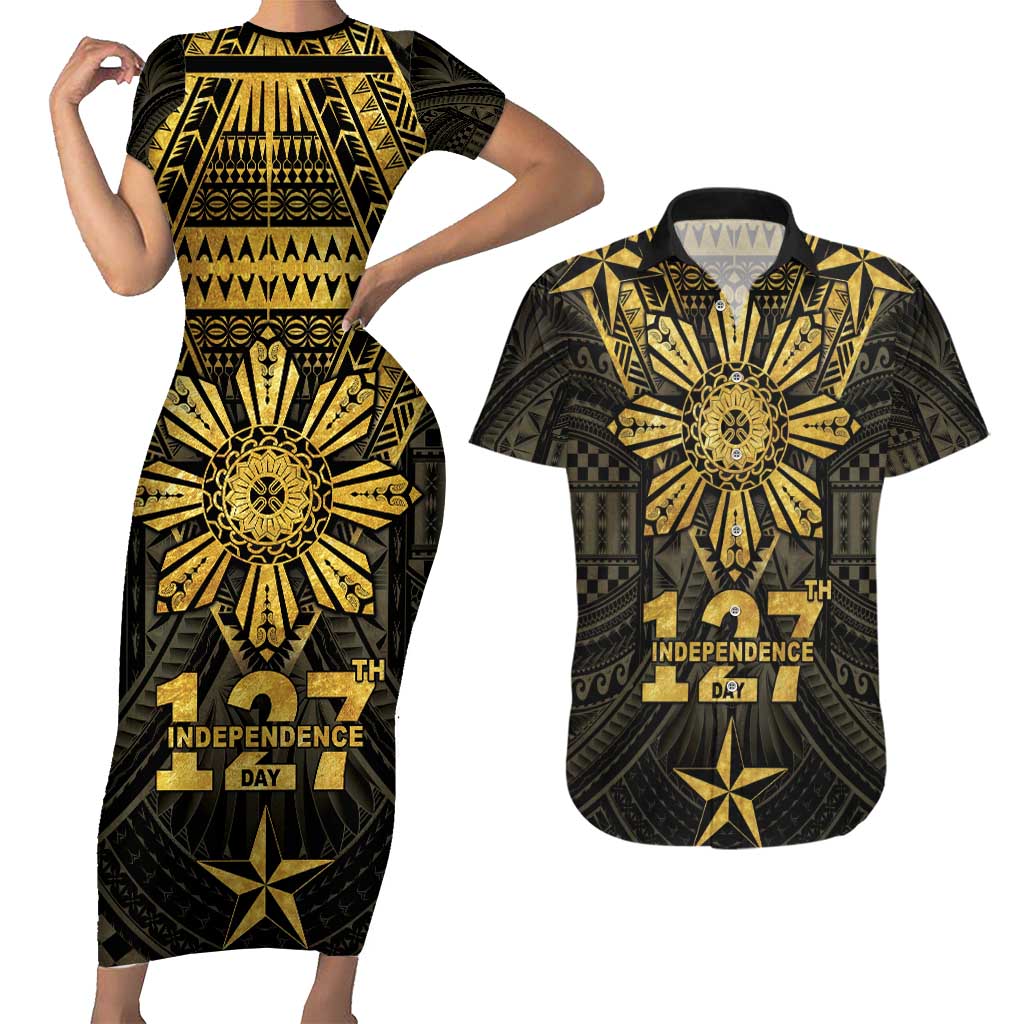 Personalised Philippines Independence Day Couples Matching Short Sleeve Bodycon Dress and Hawaiian Shirt Filipinos Sun Star Tribal