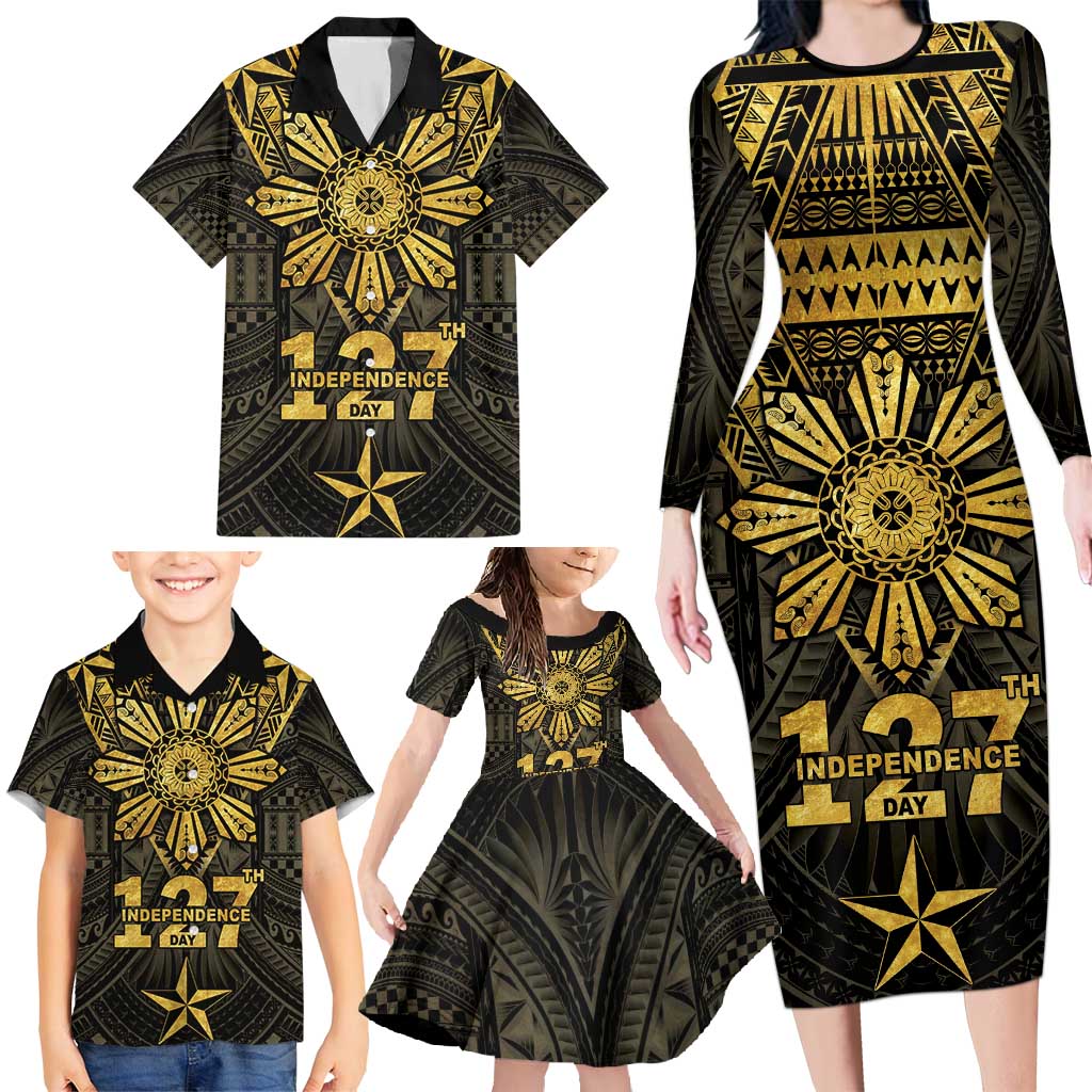 Personalised Philippines Independence Day Family Matching Long Sleeve Bodycon Dress and Hawaiian Shirt Filipinos Sun Star Tribal