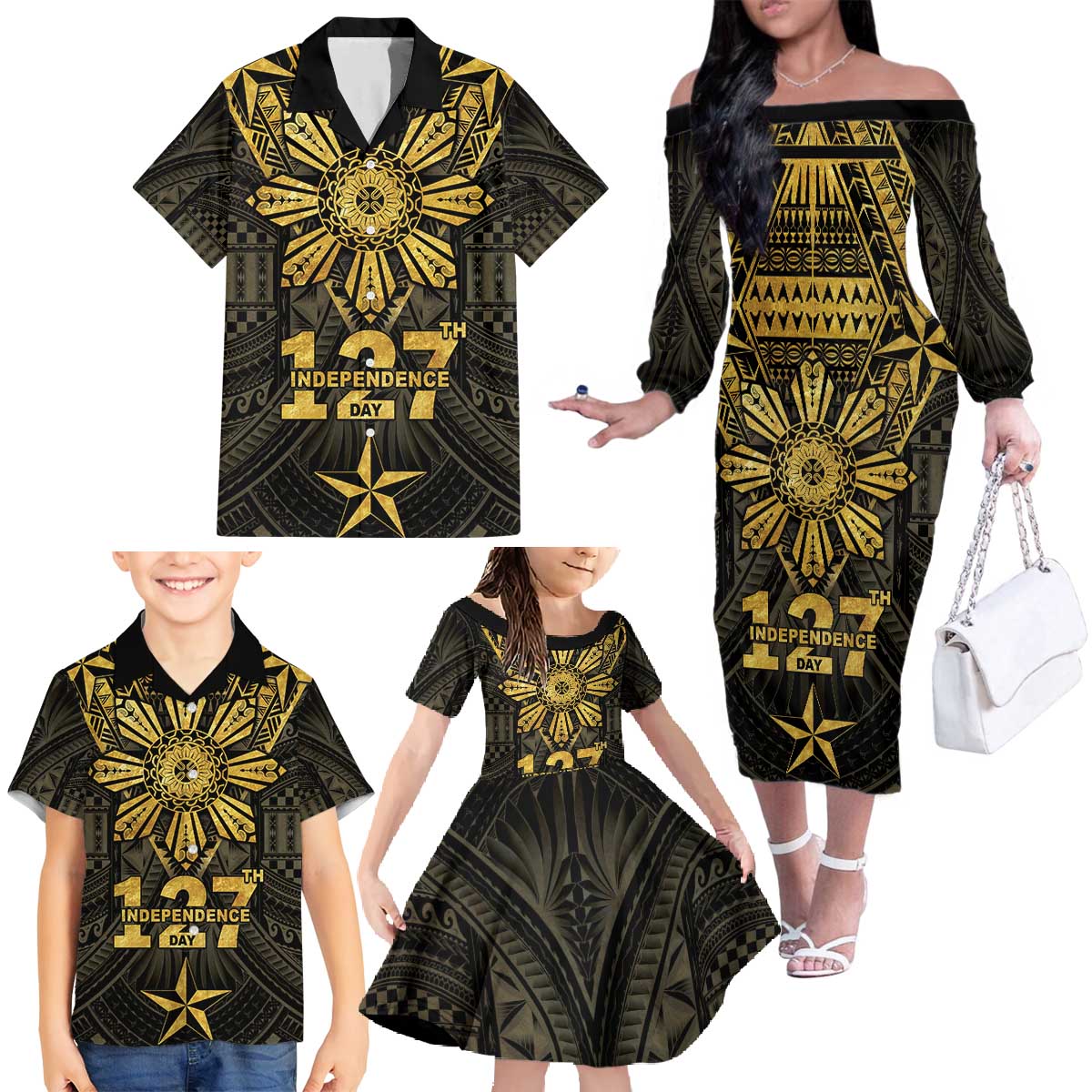 Personalised Philippines Independence Day Family Matching Off The Shoulder Long Sleeve Dress and Hawaiian Shirt Filipinos Sun Star Tribal