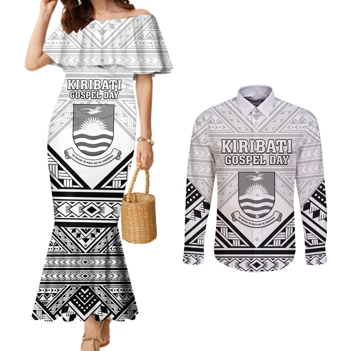 Personalised Kiribati Gospel Day Couples Matching Mermaid Dress and Long Sleeve Button Shirt Coat Of Arms Polynesian Pattern LT05 White - Polynesian Pride