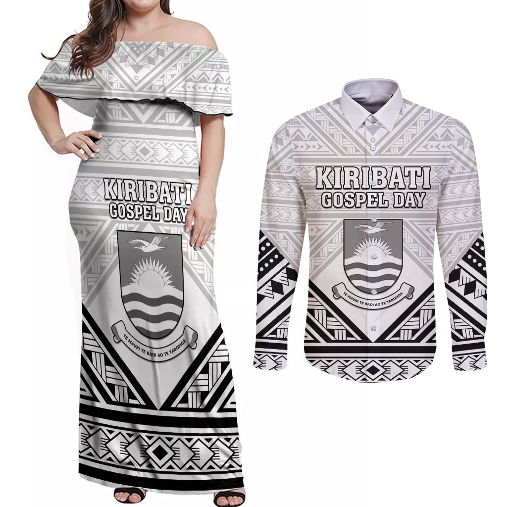 Personalised Kiribati Gospel Day Couples Matching Off Shoulder Maxi Dress and Long Sleeve Button Shirt Coat Of Arms Polynesian Pattern LT05 White - Polynesian Pride