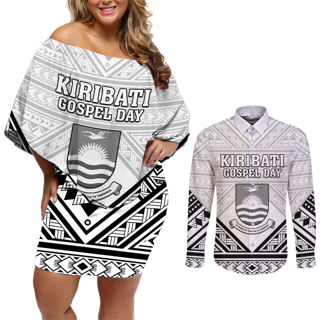 Personalised Kiribati Gospel Day Couples Matching Off Shoulder Short Dress and Long Sleeve Button Shirt Coat Of Arms Polynesian Pattern LT05 White - Polynesian Pride