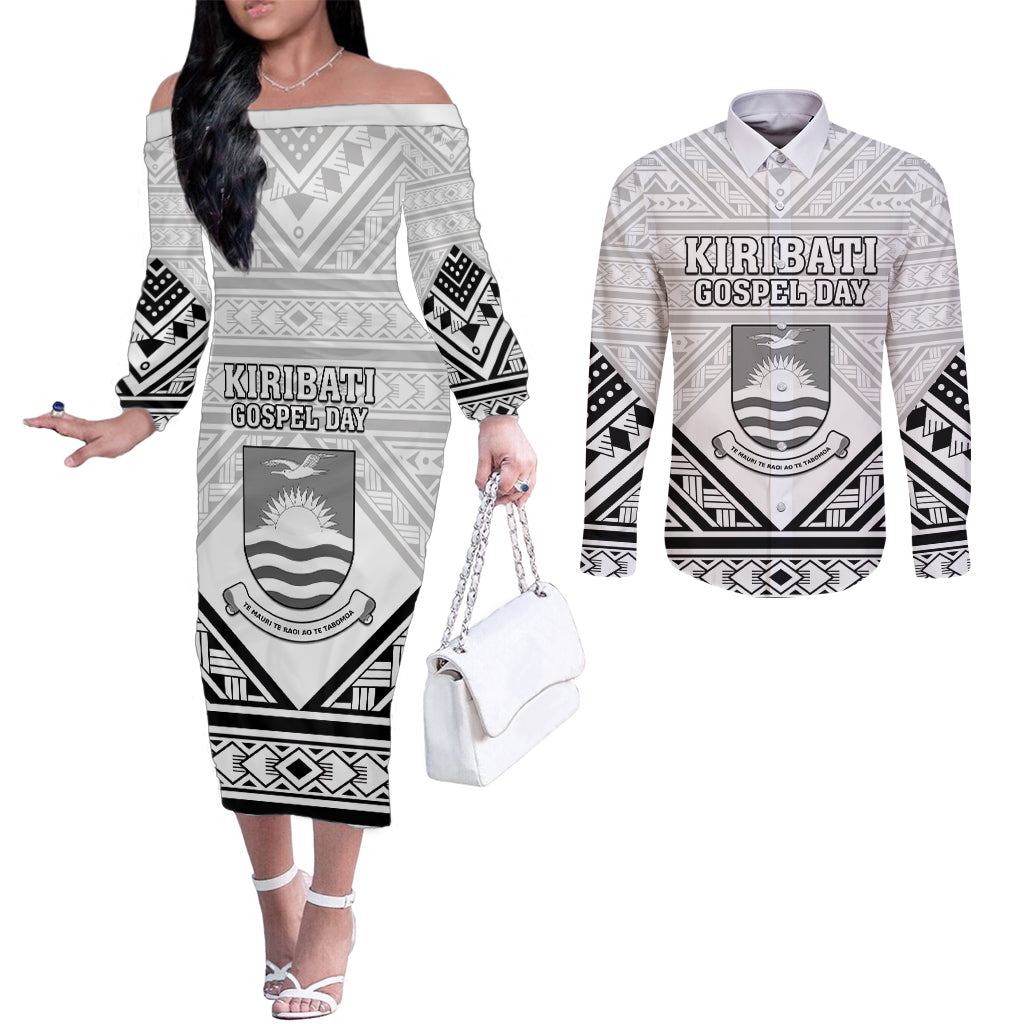 Personalised Kiribati Gospel Day Couples Matching Off The Shoulder Long Sleeve Dress and Long Sleeve Button Shirt Coat Of Arms Polynesian Pattern LT05 White - Polynesian Pride
