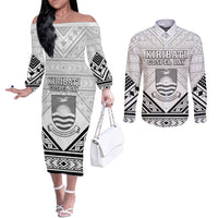 Personalised Kiribati Gospel Day Couples Matching Off The Shoulder Long Sleeve Dress and Long Sleeve Button Shirt Coat Of Arms Polynesian Pattern LT05 White - Polynesian Pride