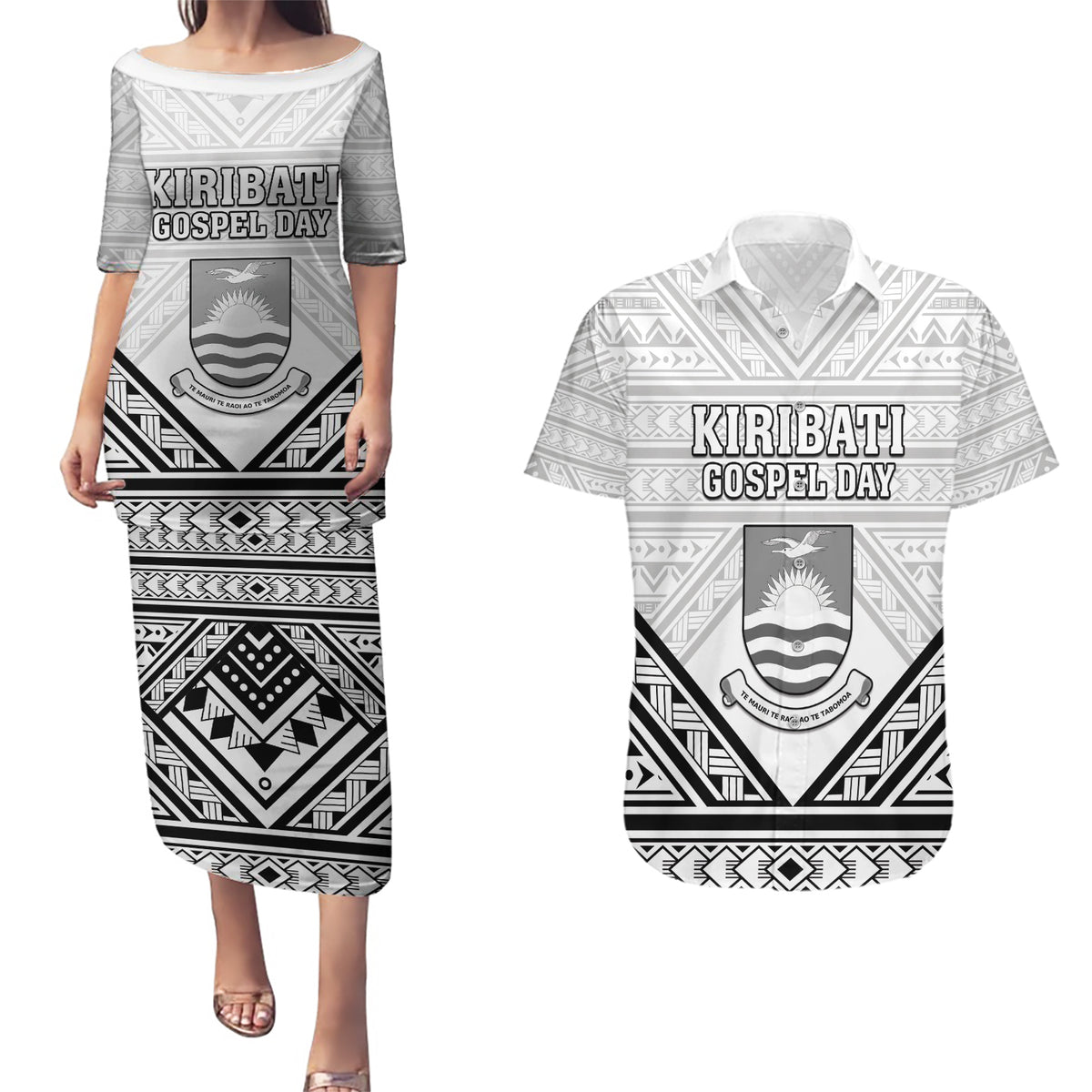 Personalised Kiribati Gospel Day Couples Matching Puletasi and Hawaiian Shirt Coat Of Arms Polynesian Pattern LT05 White - Polynesian Pride
