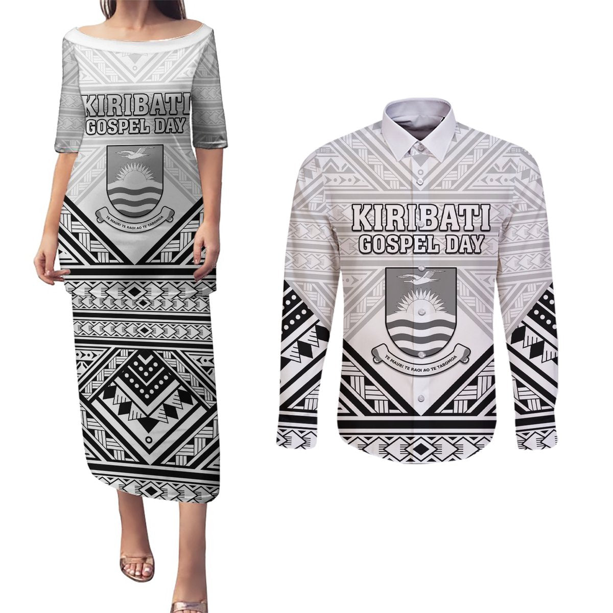 Personalised Kiribati Gospel Day Couples Matching Puletasi and Long Sleeve Button Shirt Coat Of Arms Polynesian Pattern LT05 White - Polynesian Pride