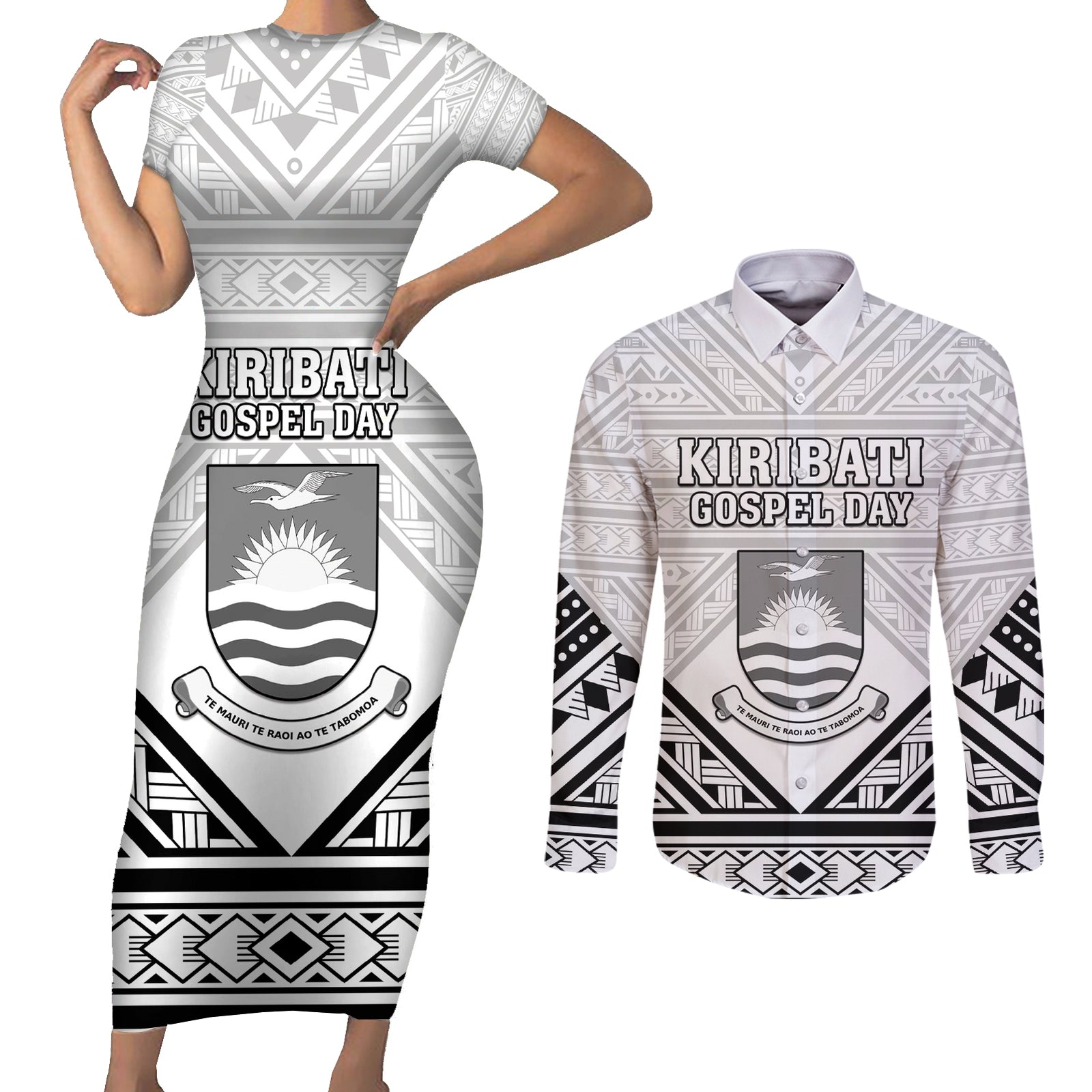 Personalised Kiribati Gospel Day Couples Matching Short Sleeve Bodycon Dress and Long Sleeve Button Shirt Coat Of Arms Polynesian Pattern LT05 White - Polynesian Pride