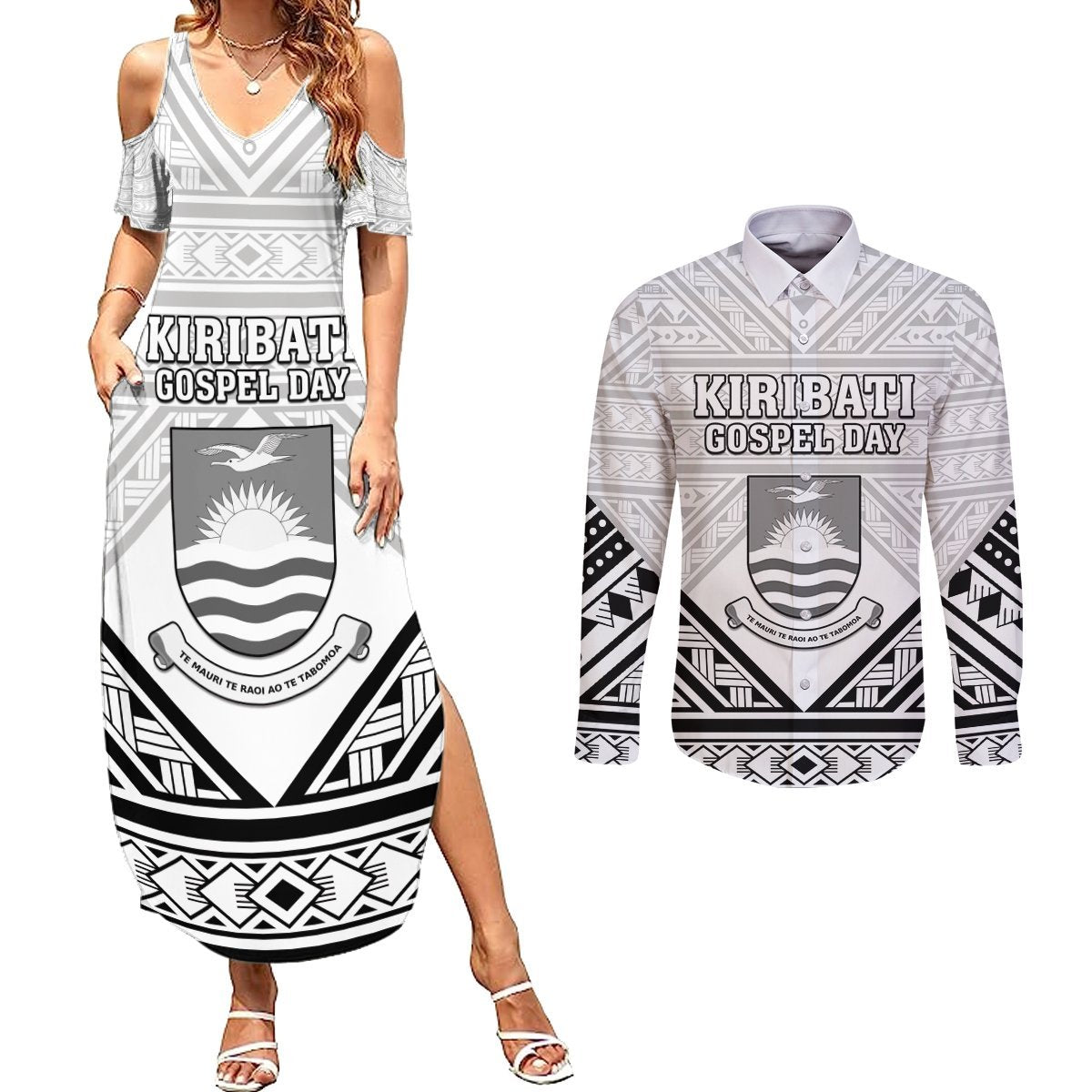 Personalised Kiribati Gospel Day Couples Matching Summer Maxi Dress and Long Sleeve Button Shirt Coat Of Arms Polynesian Pattern LT05 White - Polynesian Pride