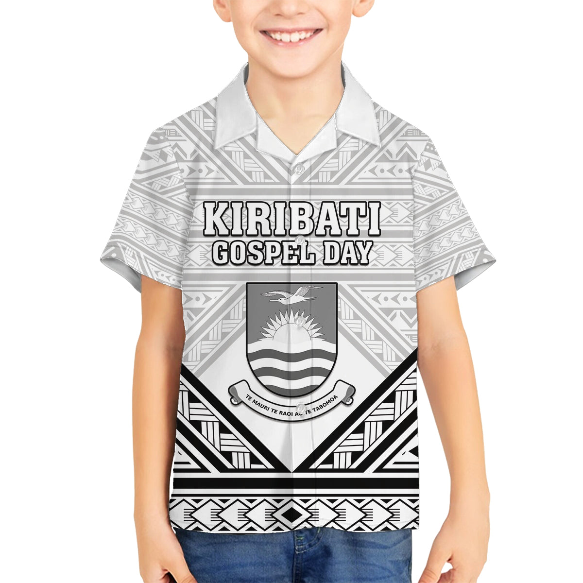 Personalised Kiribati Gospel Day Family Matching Long Sleeve Bodycon Dress and Hawaiian Shirt Coat Of Arms Polynesian Pattern LT05 Son's Shirt White - Polynesian Pride