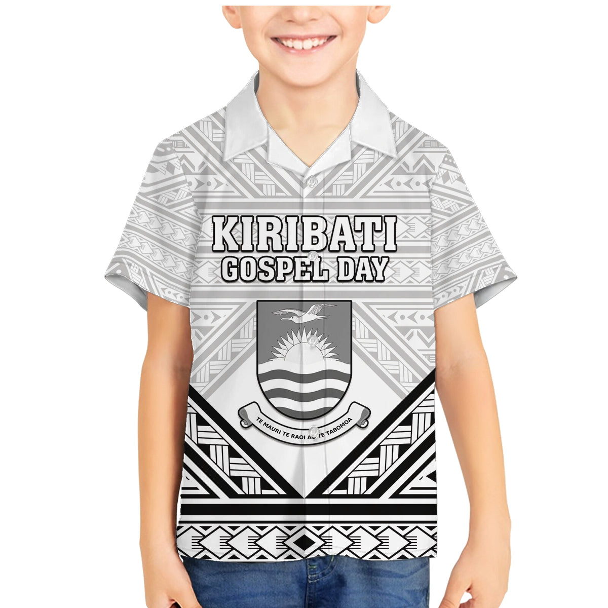 Personalised Kiribati Gospel Day Family Matching Mermaid Dress and Hawaiian Shirt Coat Of Arms Polynesian Pattern LT05 Son's Shirt White - Polynesian Pride