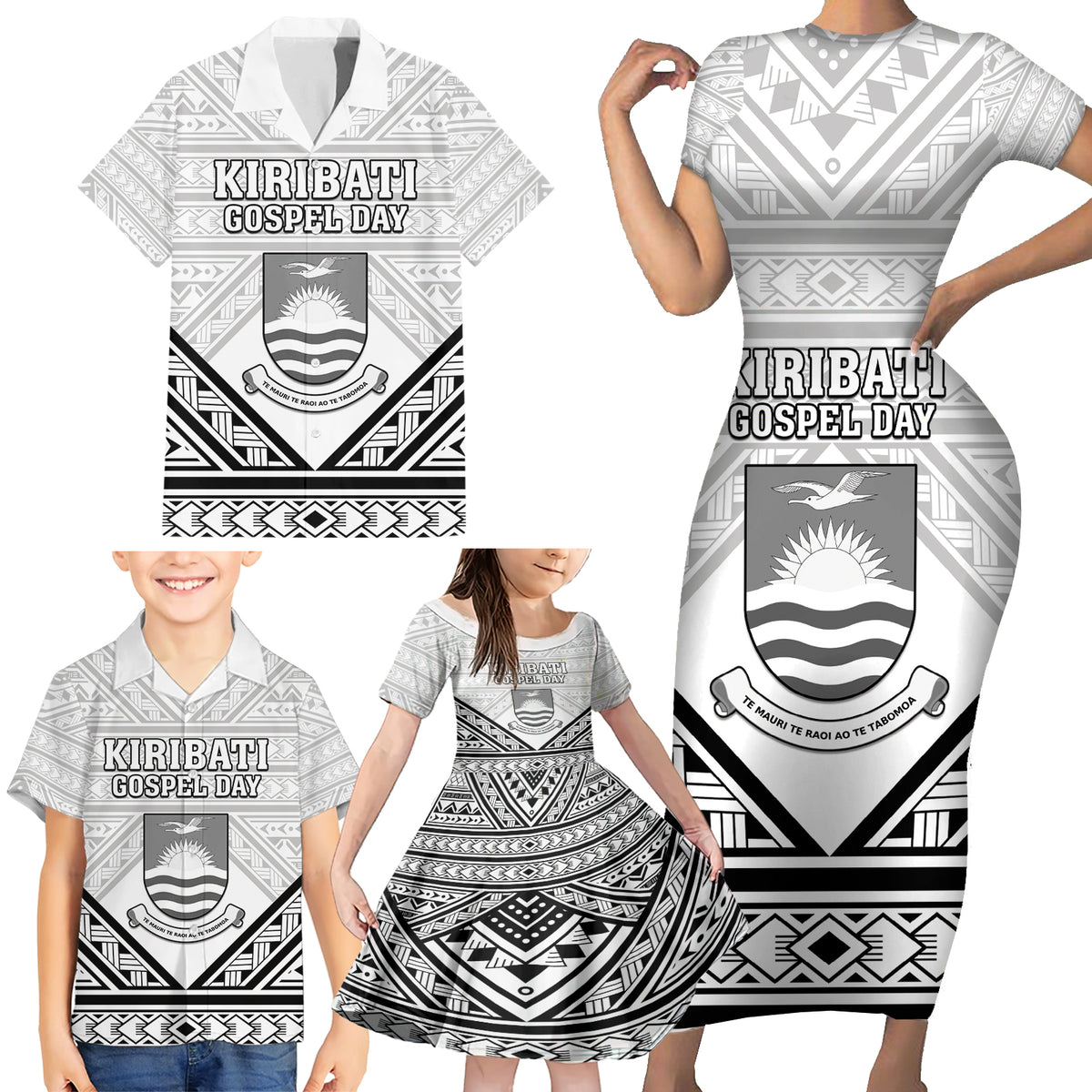 Personalised Kiribati Gospel Day Family Matching Short Sleeve Bodycon Dress and Hawaiian Shirt Coat Of Arms Polynesian Pattern LT05 - Polynesian Pride