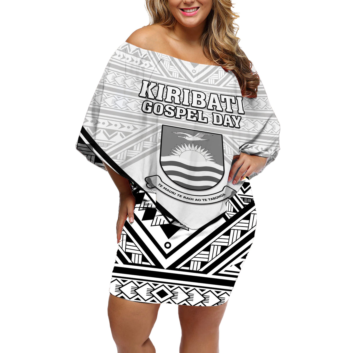 Personalised Kiribati Gospel Day Off Shoulder Short Dress Coat Of Arms Polynesian Pattern