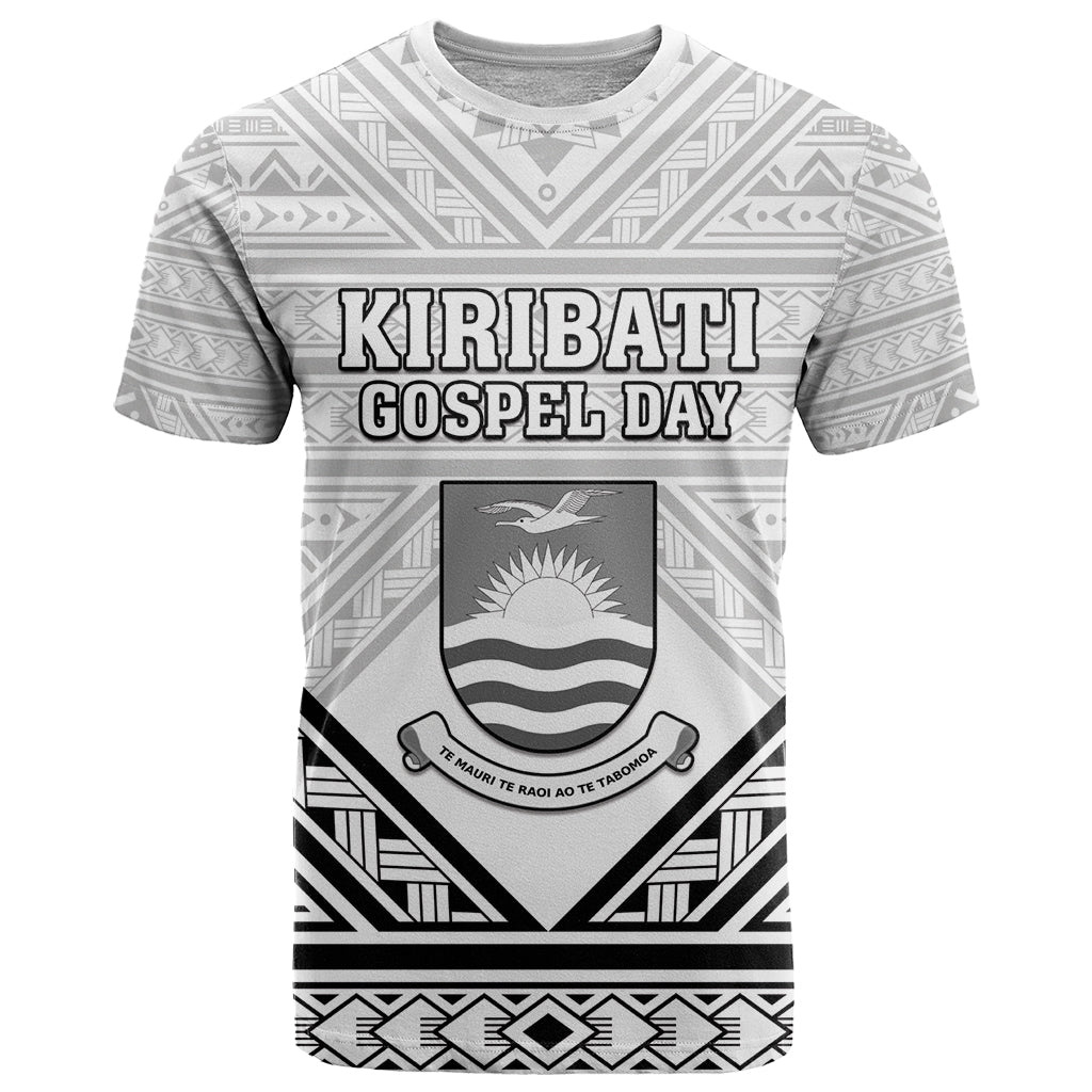 Personalised Kiribati Gospel Day T Shirt Coat Of Arms Polynesian Pattern LT05 White - Polynesian Pride