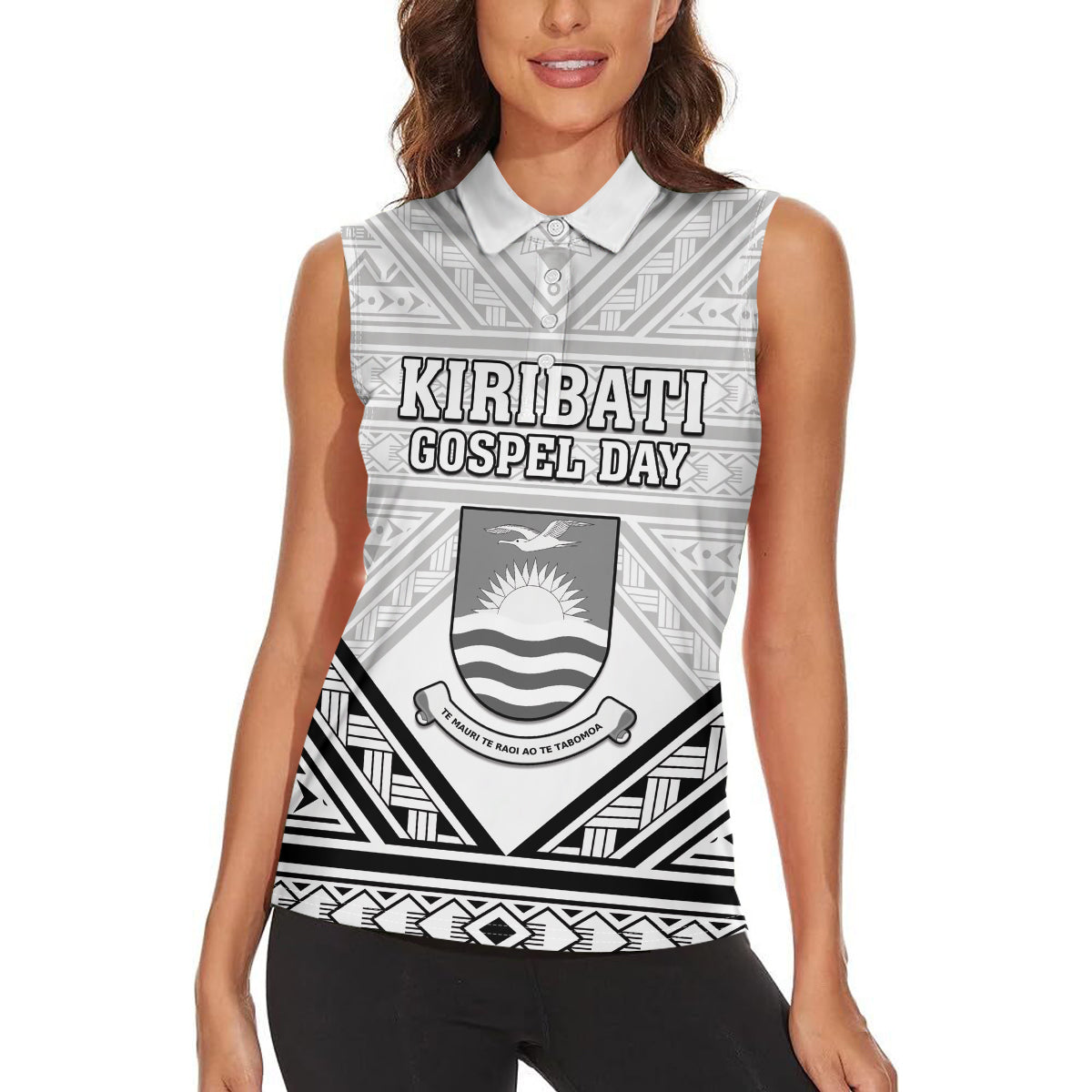 Personalised Kiribati Gospel Day Women Sleeveless Polo Shirt Coat Of Arms Polynesian Pattern LT05 - Polynesian Pride